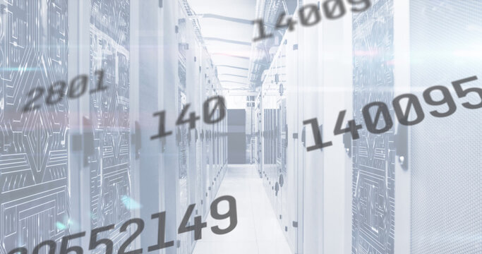 Image of numbers changing over tech room with computer servers