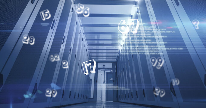 Image of numbers changing over tech room with computer servers