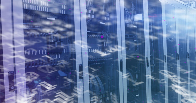 Image of binary coding numbers changing over tech room with computer servers