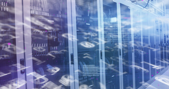 Image of binary coding numbers changing over tech room with computer servers - Powered by Adobe