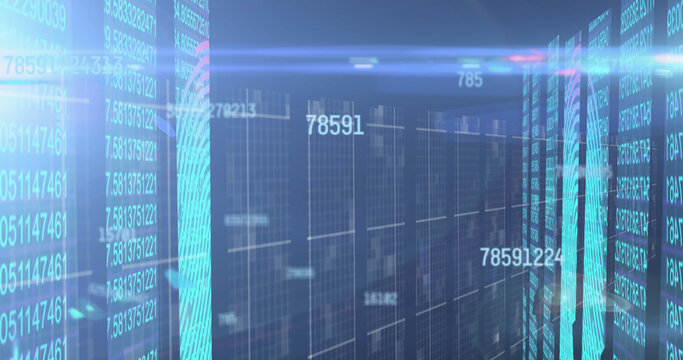 Image of numbers changing over tech room with computer servers