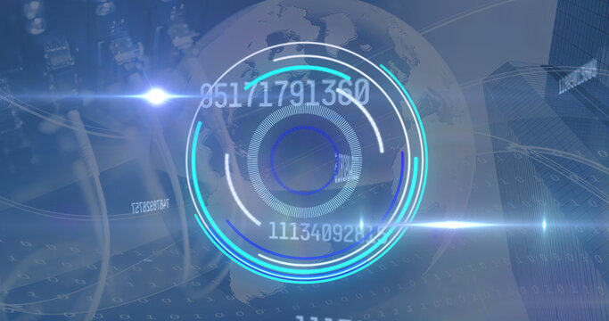 Image of digital interface showing circular scope and rising numbers with server network cables  - Powered by Adobe