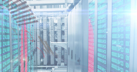 Image of statistics and graphs rolling over a server room with screens