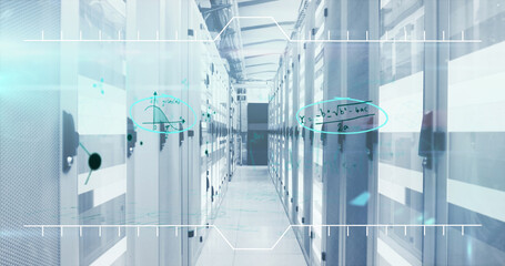 Mathematical equations and molecular structures against empty server room