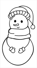 Cute snowman in a hat and scarf. Hand-drawn black and white vector illustration. Clipart, template, sketch, logo, icon, element. New Year, Christmas, winter. Design of postcards, children's coloring p