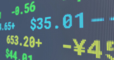 Fototapeta premium Image of financial data and graphs over navy background