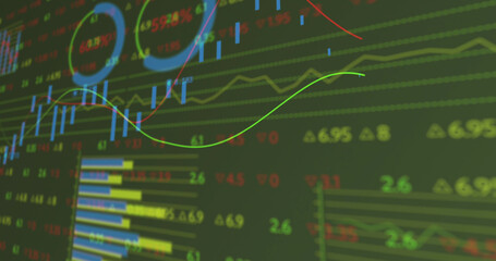 Image of financial data and graphs over green background