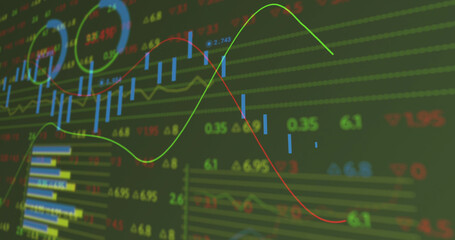 Image of financial data and graphs over green background