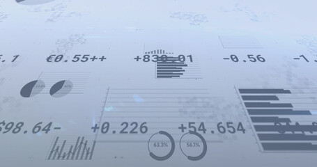 Image of financial data and graphs over grey background