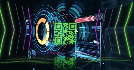 Image of neon qr code with lines over data processing and scope scanning on black background
