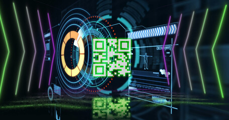Image of neon qr code with lines over data processing and scope scanning on black background