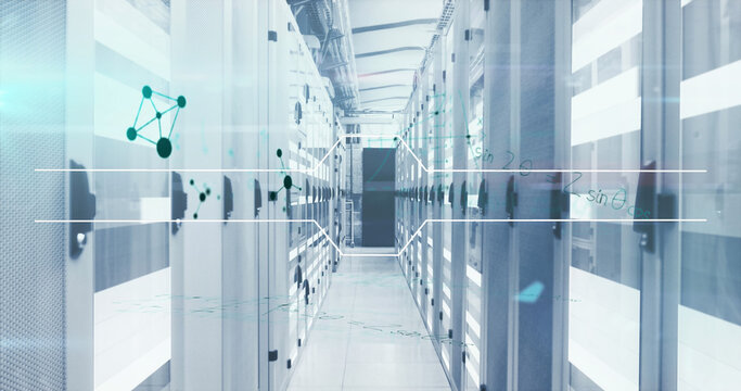 Mathematical equations and molecular structures against empty server room