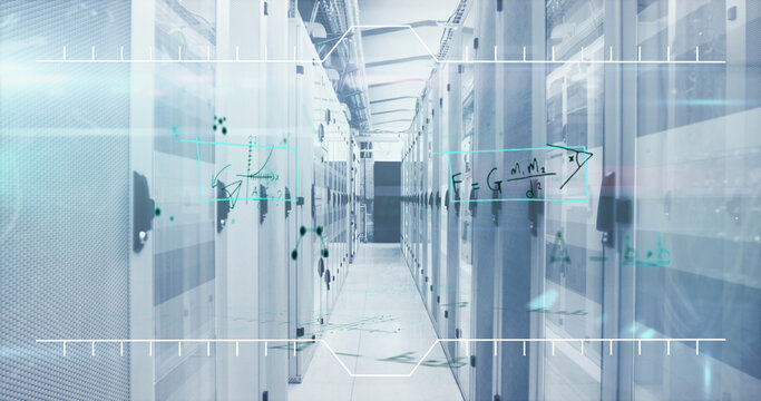 Mathematical equations and molecular structures against empty server room