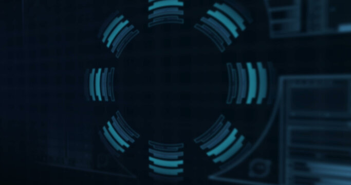 Image of neon qr code with lines over data processing and scope scanning on black background