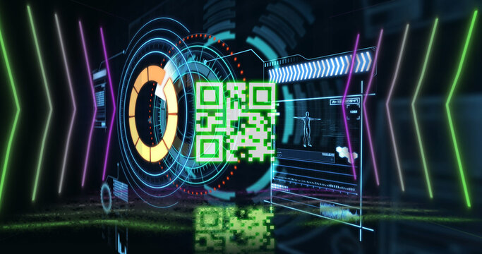 Image of neon qr code with lines over data processing and scope scanning on black background