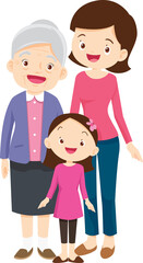 Cute Family together. Group of people standing. Little boy, teenager girl, woman, man, old man, senior woman,Father, mother, sister, brother, grandfather