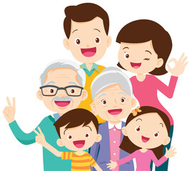 Cute Family together. Group of people standing. Little boy, teenager girl, woman, man, old man, senior woman,Father, mother, sister, brother, grandfather