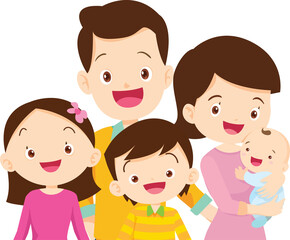 Cute Family together. Group of people standing. Little boy, teenager girl, woman, man, old man, senior woman,Father, mother, sister, brother, grandfather