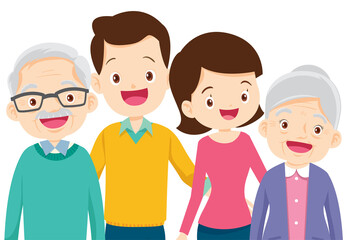 Fototapeta premium Cute Family together. Group of people standing. Little boy, teenager girl, woman, man, old man, senior woman,Father, mother, sister, brother, grandfather