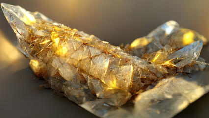 Golden translucent crystals with light refraction. Precious stones. Beautiful background. Hi tech. AI.