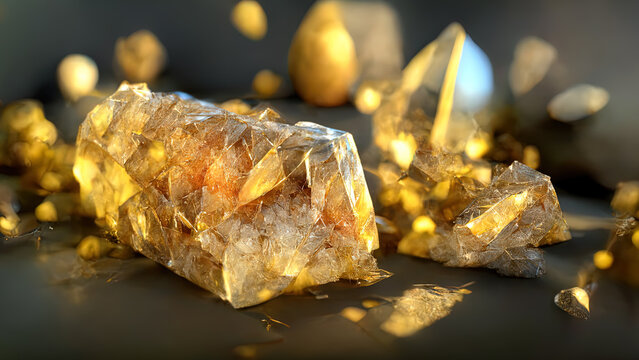 Golden translucent crystals with light refraction. Precious stones. Beautiful background. Hi tech. AI.