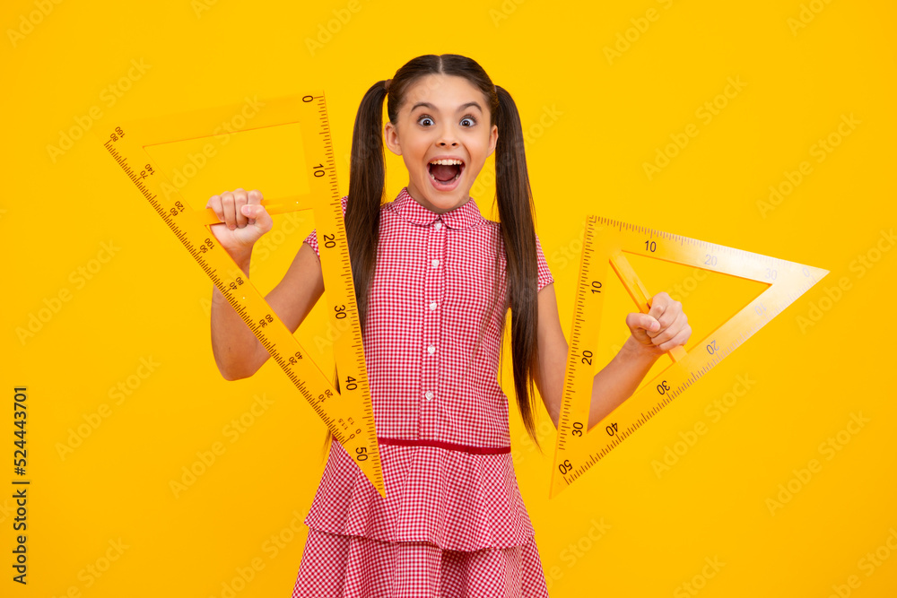 Poster amazed teenager. back to school. teenager school girl on isolated background. school supplies. excit