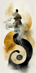 Samurai monk in zen-like harmony with his inner emotions. Spiritual watercolor illustration