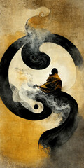 Abstract watercolor painting of a monk meditating in yin yang like symbol, concept of relaxation, meditation and tranquility of the mind