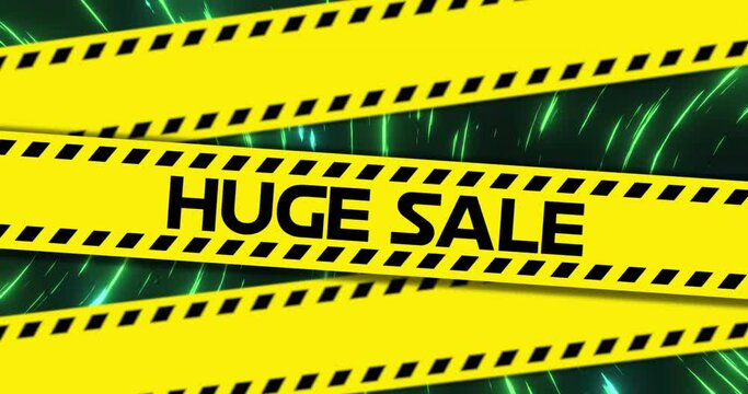 Animation of cordon tape with huge sale text against blurred motion of illuminated green lights