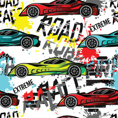 Abstract seamless pattern with sport cars .Bright background with grunge elements for textiles, children's clothes, prints. Pattern for boys © SokolArtStudio