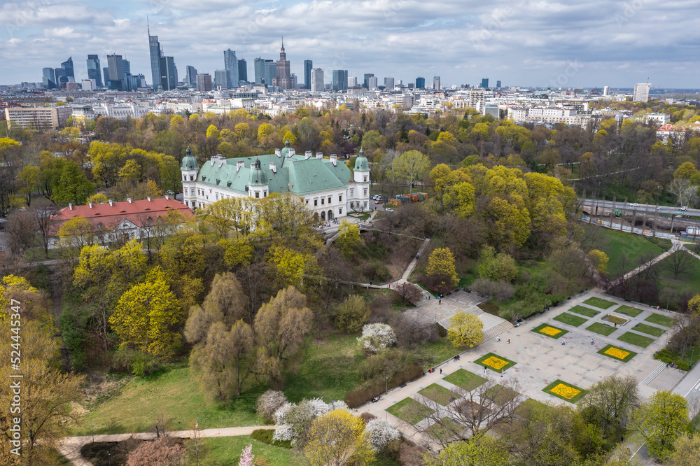 Sticker Aerial view with Ujazdow Castle in Agrykola Park and downtown of Warsaw city, Poland