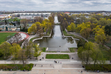 Drone photo of Royal Canal in Agrykola Park in Warsaw city, Poland - obrazy, fototapety, plakaty