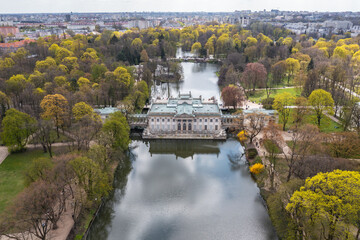 Drone photo of Palace of the Isle in Lazienki - Royal Baths Park in Warsaw city, Poland