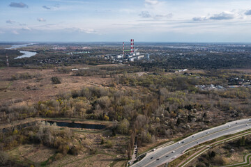Distance view of Siekierki Power Station in Warsaw city, Poland