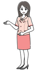 案内するオーバーブラウスの女性（シンプル・全身斜め向き）.