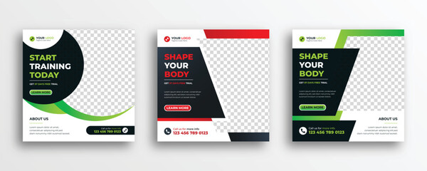 Gym and Fitness social media post banner design template. Web banner design template set layout with graphic elements in 2 color schemes.