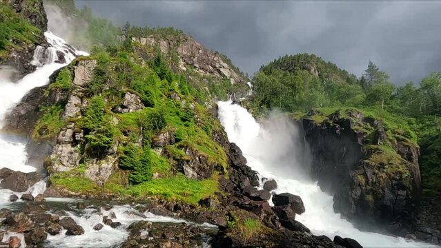 Spectacular, famous Waterfall, Latefossen, Norway, dolly shot
