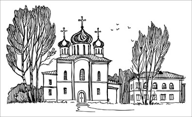 Vector black and white art with church