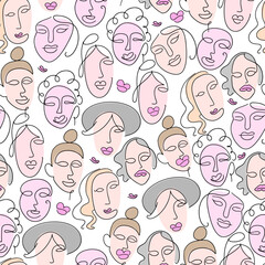 Seamless pattern with abstract female faces drawn in line-art style. Vector illustration.