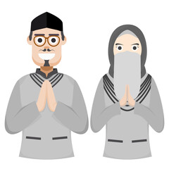 Fototapeta premium Couple Happy Eid Al Fitr Adha Ramadan Pose Give Wishing