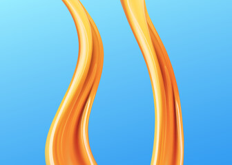 Caramel sauce decor. Realistic brown sugar syrup twirls, isolated on blue background