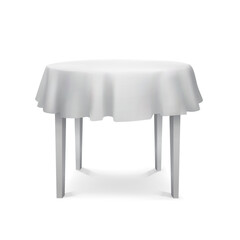 Vector Empty Wood Round Table with White Tablecloth Isolated on White Background