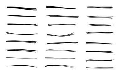 Handmade marking lines, brush highlight underlines, black color hand drawn set of underlines and highlight lines.
