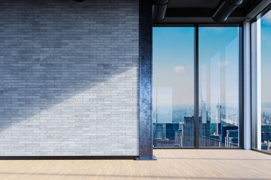 large office with blank white wall and copy space in front of panoramic window skyline view, 3D Illustration