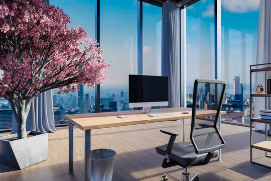 luxurious skyline office workplace with wooden desk and modern black desktop pc screen, chair and shelf; design interior with indoor cherry blossom tree panoramic view; 3D rendering