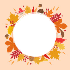 Autumn leaves frame, circular shape with different kind of leaves around, copy space. Cute vector illustration in flat cartoon style, banner template