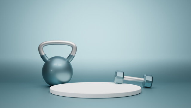 3D rendering product display podium on pastel background with sports and fitness equipments.