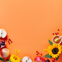 Jewish holiday Rosh Hashanah greeting card with apples, honey and flowers