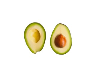 Two halves of cut realistic avocado. hand drawn digital illustration isolated on white background. Use to print postcards and stickers