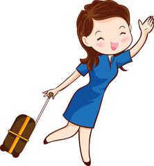 Air hostess in uniform Woman Carrying Luggage, Female Tourist